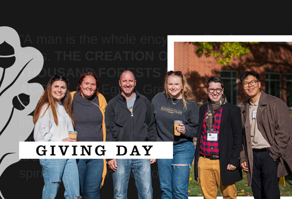 Image advertises Giving Day with faculty standing together in a photo taken during homecoming week.