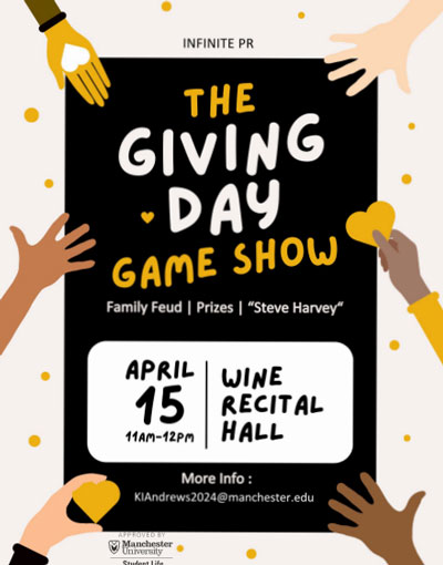 Flyer reads "The Giving Day Game Show" and is an advertisement for a one day event.