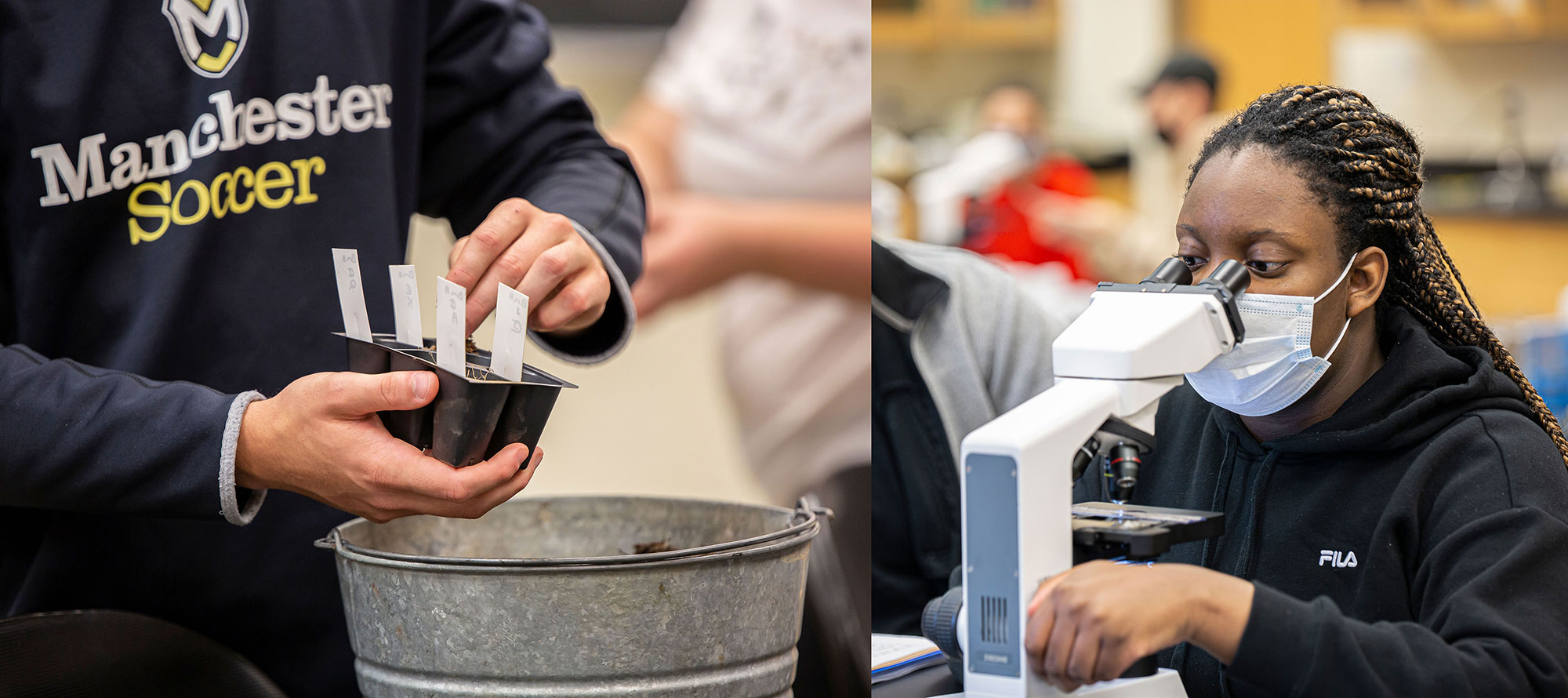 Students planting and using microscope