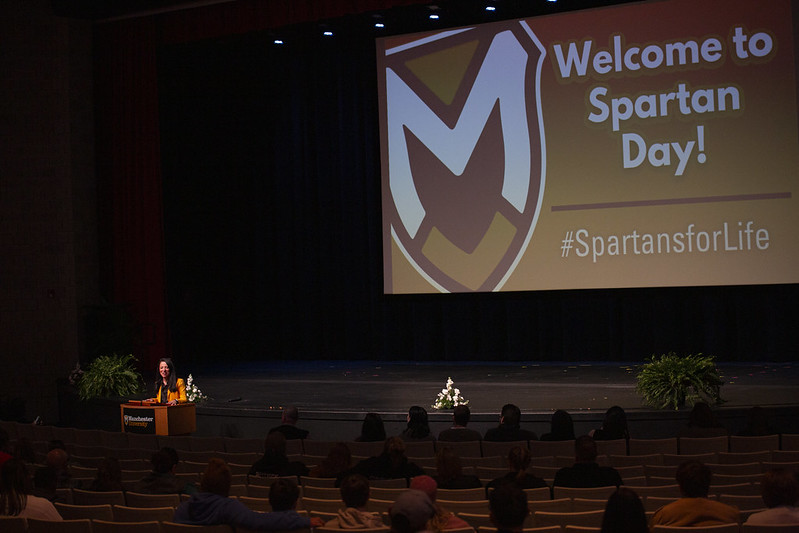 President Stacy Young speaking at Spartan Day