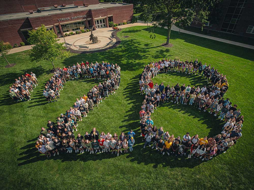 Students spell out the year of their grad class on MU Mall 1000 px wide